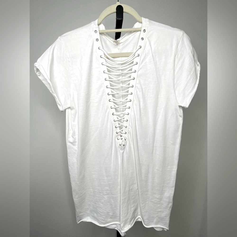 EMMA & SAM LF Women White lace up front oversized cotton tee